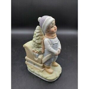 Bisque Porcelain Boy Figurine with Sled and Christmas Tree ROC Taiwan